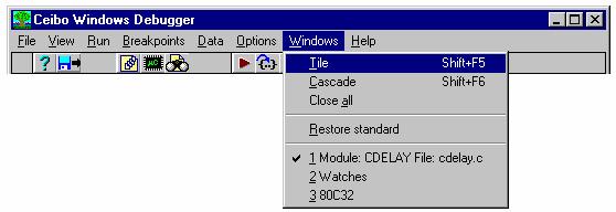 The Window menu commands allow various operations on the currently open windows with the following commands: Tile, Cascade, Close all and Restore Standard. FIGURE 5.38: Windows Menu 5.9.