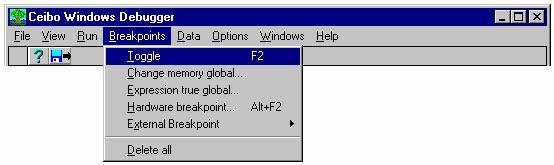 The following commands are available: Toggle, Breakpoint at, Change Memory Global, Expression True Global and Delete All. FIGURE 5.
