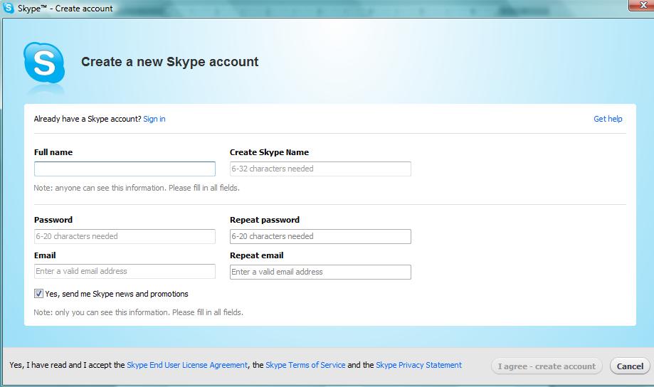 Step 2: To create a Skype account, click left 1x on Don t have a Skype Name? this will bring you to the create a new account page.