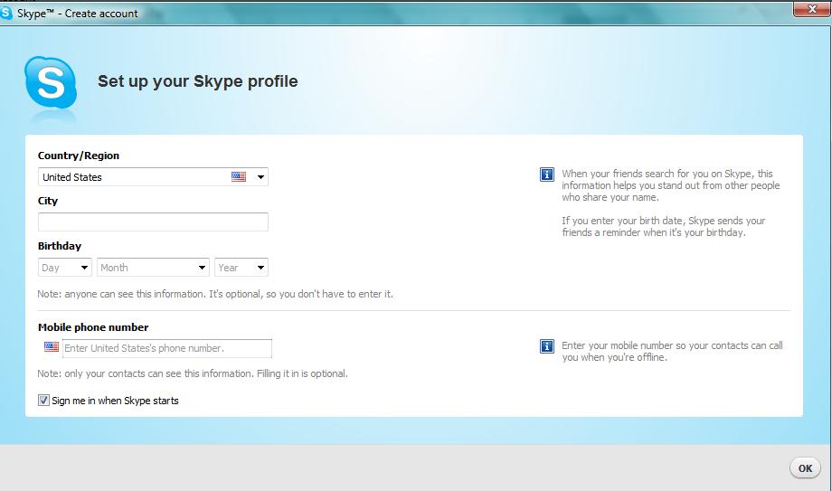 Step 5: Create your Skype profile by inserting any personal information you would like