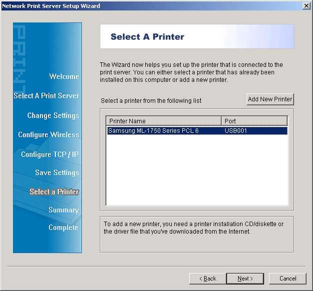 6. In the setup wizard, select an already configured printer from the list, click Next, Next and then Finish to complete the installation.