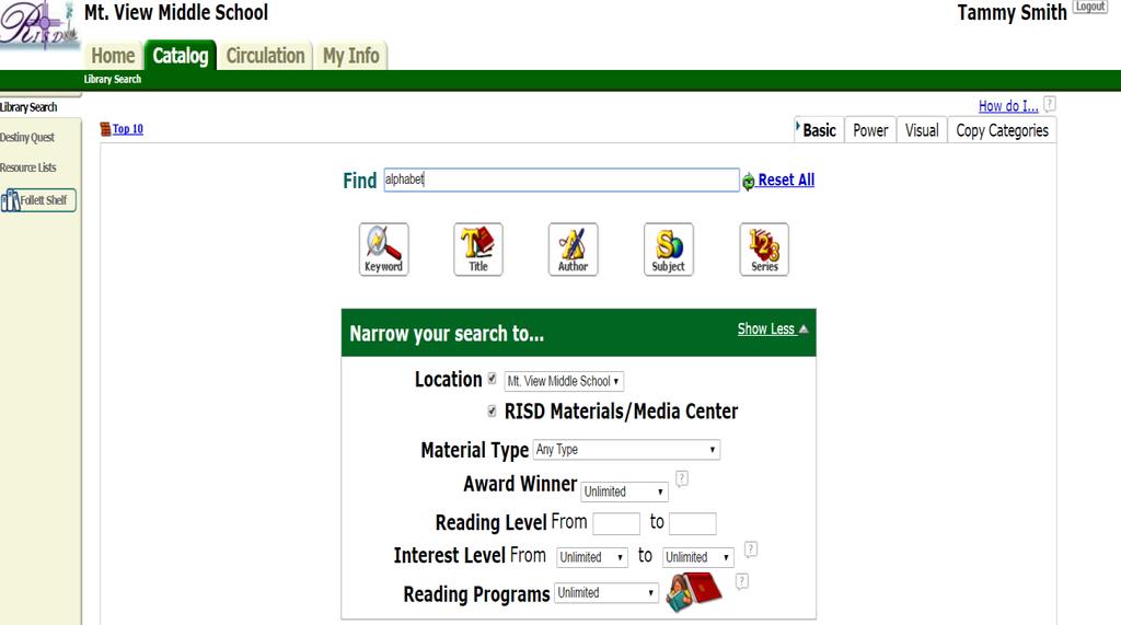 You will have the option of searching your own library (check school library box), searching the District Media Center (check that box), or searching both (check both boxes).