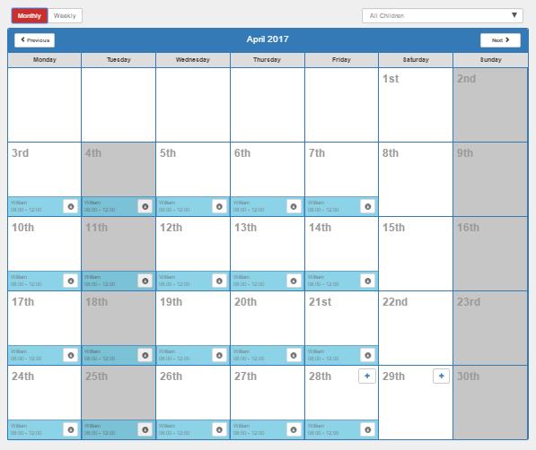 Bookings Screen Calendar View Here you can see the sessions you have booked for your child at nursery in a weekly or monthly view.