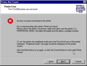 NOTE: The most likely cause for this error message is the printer is not turned on and it is not set to Peripheral mode.
