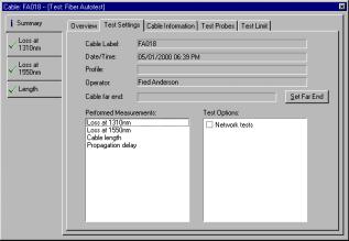 Fiber Autotest Summary Overview Tab The Summary Overview tab of a Fiber Autotest record displays: The Pass/Fail result of the test The length of the tested cable The testers used and their serial
