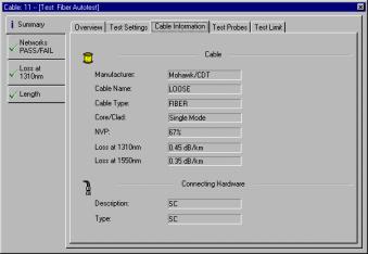 The Summary Test Settings tab of a Fiber Autotest record displays: The cable label Date and time of the test The name of the test profile (if used) The name of the operator Location of the far end of