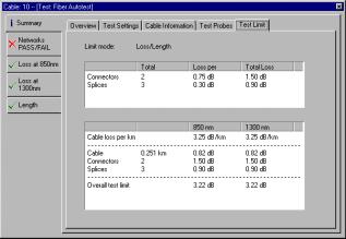 Fiber Autotest Summary Test Limit Tab Limit mode is Loss/Length The Summary Test Limit tab explains how