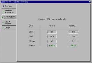Fiber Autotest Loss Tab The Loss tabs for the different wavelengths tested (in this case 850 nm and 1300 nm) list the