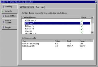 Fiber Certify Networks Certified Network Tab The Networks Certified Network tab displays the measurements performed for the tested network, the test limits for each measurement and a pass/fail result