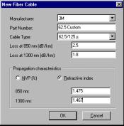 The New Fiber Cable dialog will appear: Select manufacturer name in this pulldown menu. Then fill in or select the appropriate fields to complete cable specification.