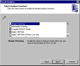 Click the check-boxes next to the analysis functions to enable or disable them. Click Next to continue. The wizard next lets you select a manufacturer-specific test probe, as required.
