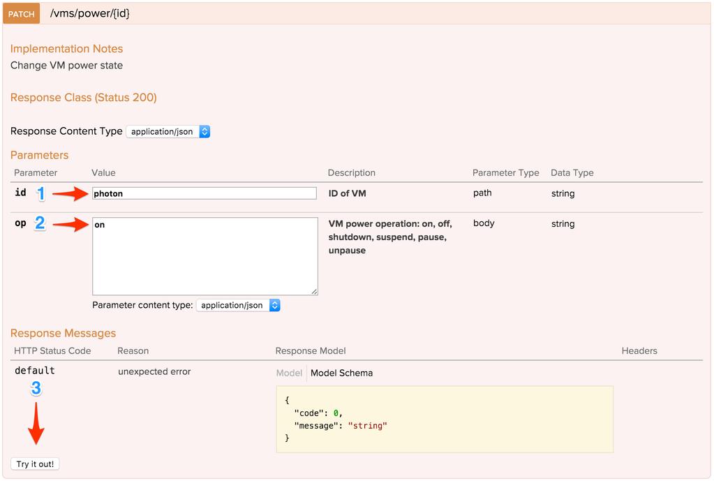 Example 2 - Powering on the VM with Swagger In this example we will power on a VM via the REST API, directly through the