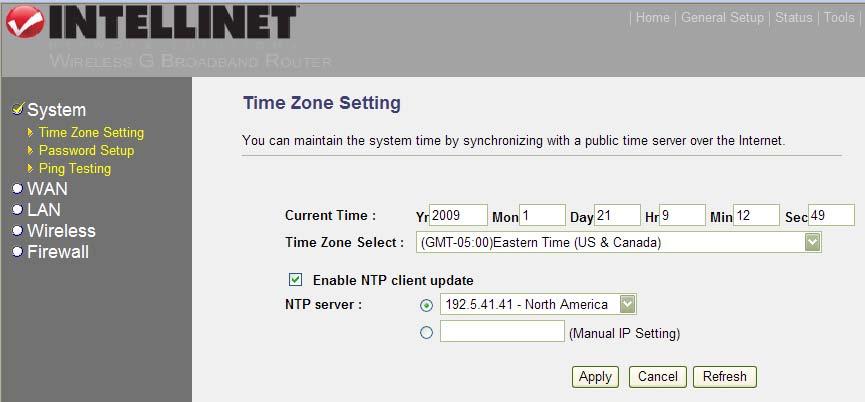 Current Time: Set the current time. Time Zone Select: The router will set its time based on this selection.