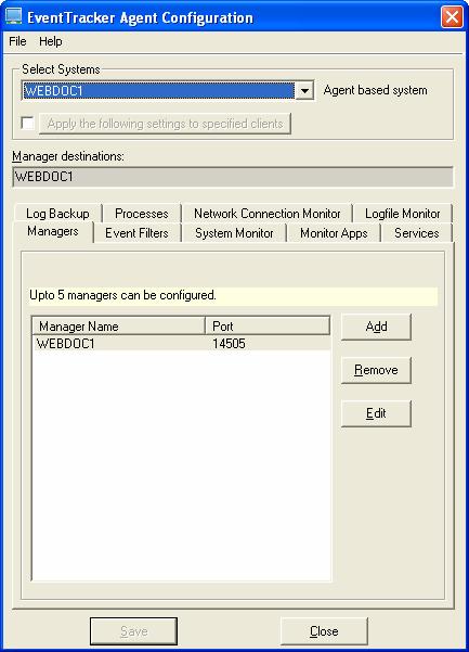 EventTracker displays the EventTracker Agent Configuration window.