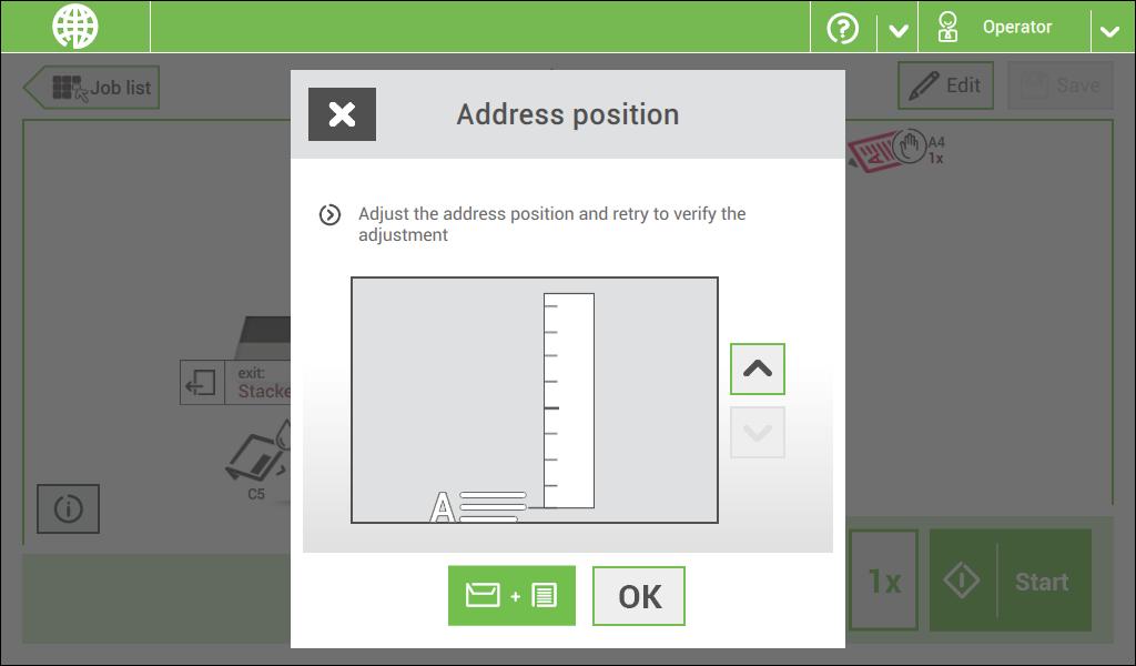 Adjust the Address Position Adjusting the address position is only possible after creating an example mail set (by using the [1x] button).