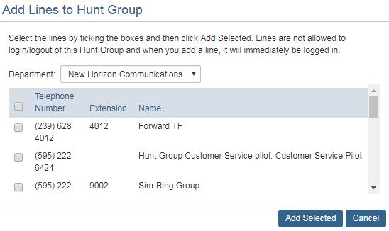 Add a Line To add a line to a hunt group: 1. Select Hunt Groups in the left menu, then click the desired group in the Hunt Groups list. 2. Click the Hunt Group Members tab: 3.