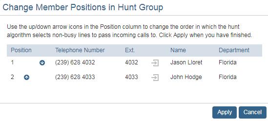 The added lines appear in the Hunt Group Members tab. Change Line Positions To change line positions in a hunt group: 1.