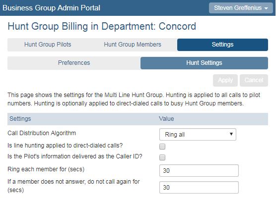 Click Hunt Settings, opposite Preferences, to display a list of settings for the group: Call Distribution Algorithm how calls hunt. Maximum queue length how many calls can be in the queue.