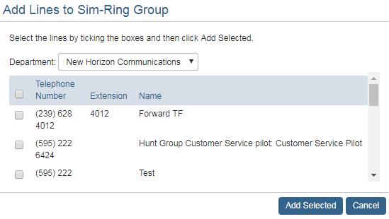 To add lines to the sim-ring group: 1. Click Add Lines above the list. The Add Lines to Sim-Ring Group pane appears: 2. Check the desired lines, or check the top box to select all lines in the list.