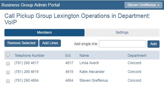 Remove Lines from Call Pickup Group To remove one or more lines from a call pickup group: 1. Select Call Pickup Groups in the left menu. 2. Select the desired pickup group in the list of groups.