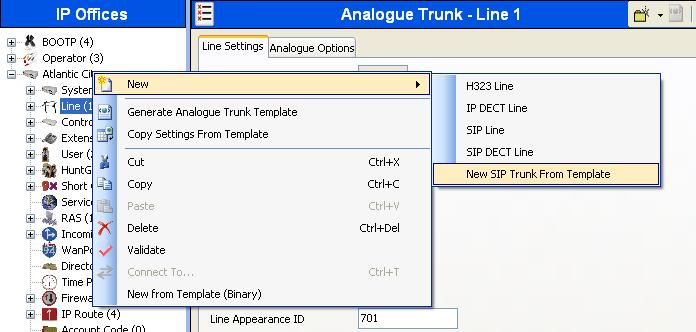 4. To create the SIP Trunk from the template, right-click on Line in the Navigation Pane, then navigate to New New SIP Trunk From Template. 5.