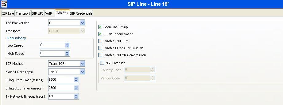 Select the T.38 Fax tab, to set the T.38 parameters for the line. Un-check the Use Default Values box (not shown) and select 0 from the T38 Fax Version drop down menu.