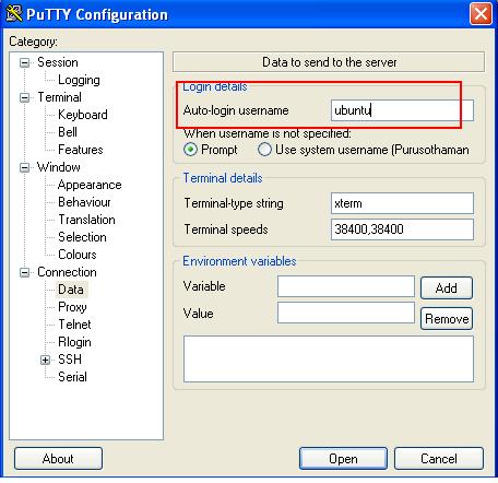 6) Select data on the left hand side under auto-login username enter the user