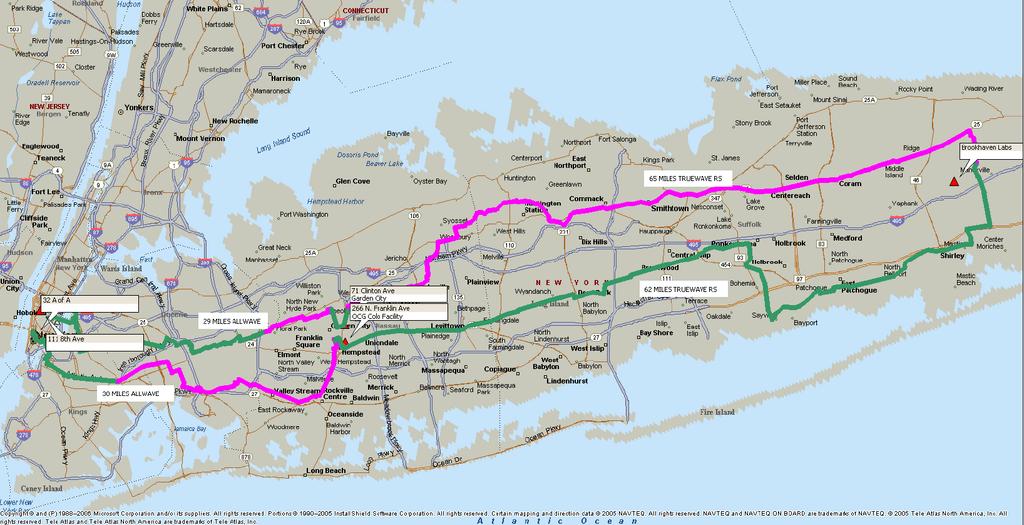 Long Island MAN Southern route: AoA to BNL: 79 miles Last 5 miles into BNL is aerial fiber but scheduled to migrate to buried fibers when go production in November.