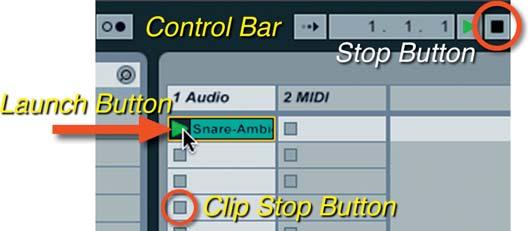 The Quick Way to Start Making Music! Figure 3.8 General Session View playback controls. beginning of the Arrangement to ensure the proper playback position.