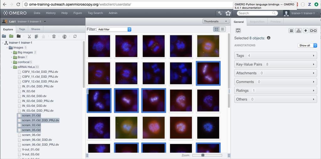 5. When a Dataset is selected, Image thumbnails are shown in the centre panel. 6. These represent imported Images.
