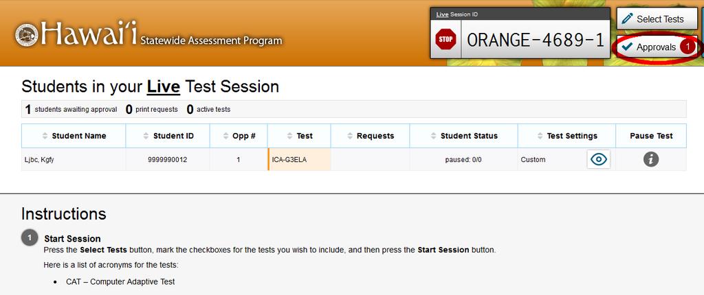 Online HSAP Systems: Starting a Test Session