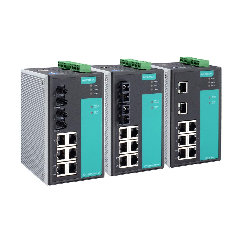EDS-508A Series 8-port managed Ethernet switches Features and Benefits Turbo Ring and Turbo Chain (recovery time < 20 ms @ 250 switches), and STP/RSTP/MSTP for network redundancy TACACS+, SNMPv3,
