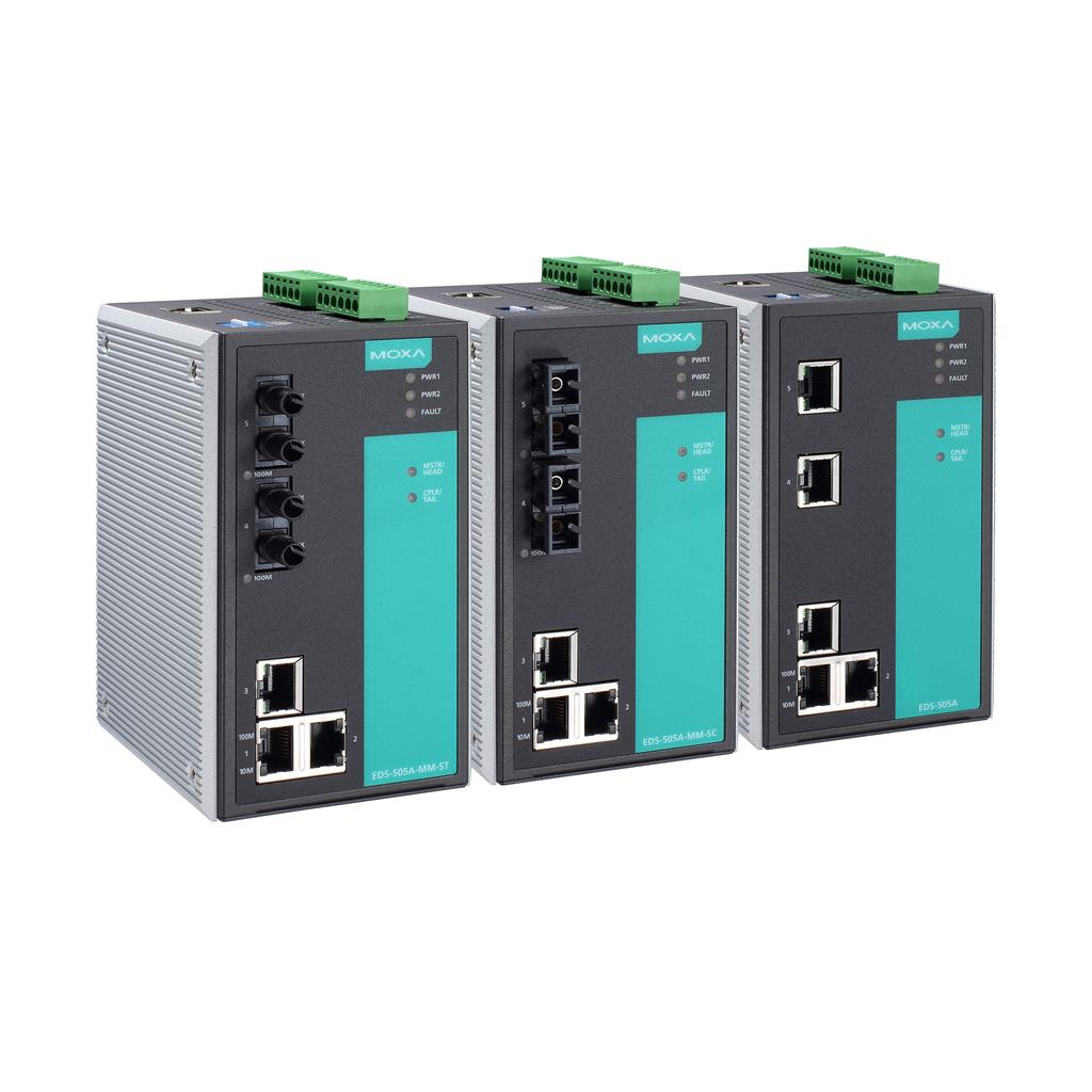 EDS-505A Series 5-port managed Ethernet switches Features and Benefits Turbo Ring and Turbo Chain (recovery time < 20 ms @ 250 switches), and STP/RSTP/MSTP for network redundancy TACACS+, SNMPv3,