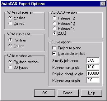IMPORTING AND EXPORTING MODELS 5 In the AutoCAD Export Options dialog box, Write Surfaces as Meshes, Write Curves as Splines, Write Meshes as Polyface Meshes,