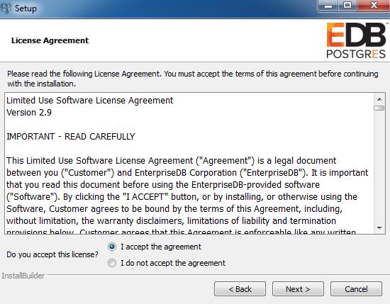 Click Next to continue. The EnterpriseDB License Agreement (see Figure 3.