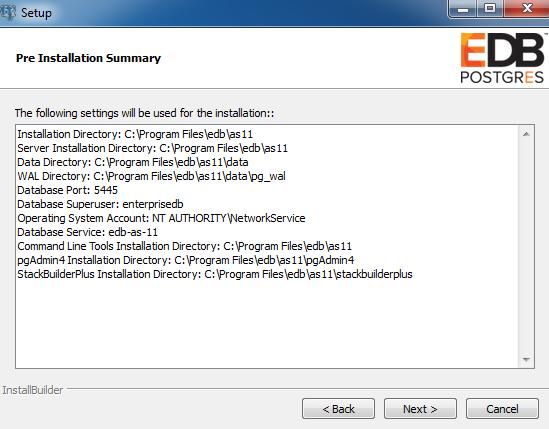 Figure 3.12 -The Pre Installation Summary. The Pre Installation Summary provides an overview of the options specified during the Setup process.