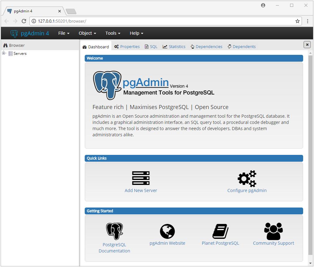 5.5 Connecting to Advanced Server with the pgadmin 4 Client pgadmin 4 provides an interactive graphical interface that you can use to manage your database and database objects.