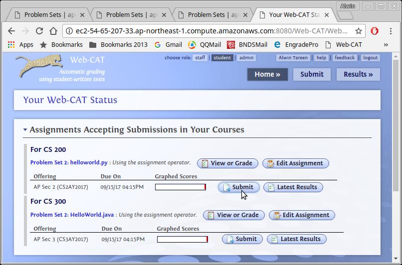 Once you are inside your Web-CAT account, it should look something like the following screenshot.