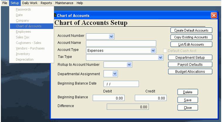 1.) Type in an Account Number up to 10 digits in length. Your chart of accounts will be more meaningful if you follow a consistent numbering system.
