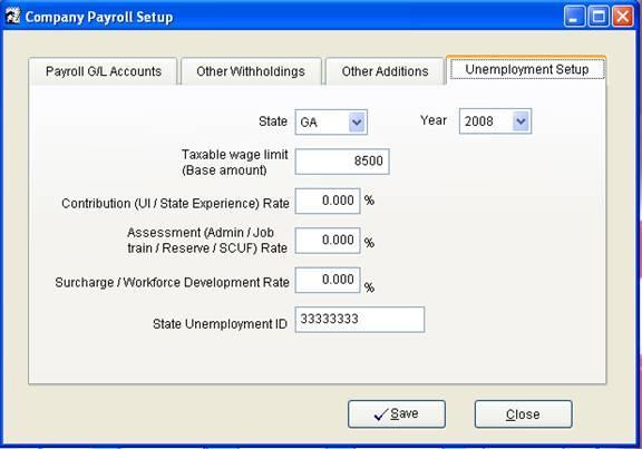 Click on the Unemployment Setup tab Note: Each state sets its own Taxable wage limit (base amount).