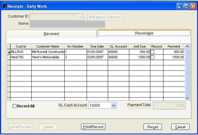 The Receivable Tab (Post transactions from Sales) Click on the Receivable tab in the Receipts - Daily Work screen.