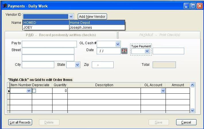 Entering Payments Click the Payments button on the toolbar Use this option to print or record checks. The Paid tab is used to record checks already written.