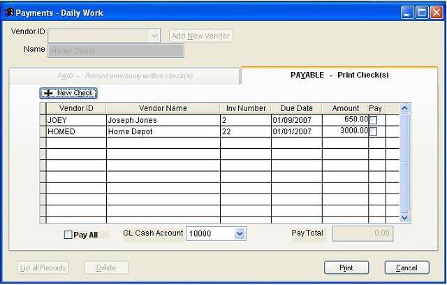 2. The Payable Tab (Print Checks) Click on the Payable tab in the Payments - Daily Work screen to print vendor checks Click the New Check button to add more checks to the list You may also choose to
