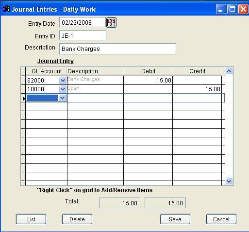 Entering a Journal Entry Click on the Journal Entry icon on the toolbar. The Journal Entries Daily Work screen is displayed.
