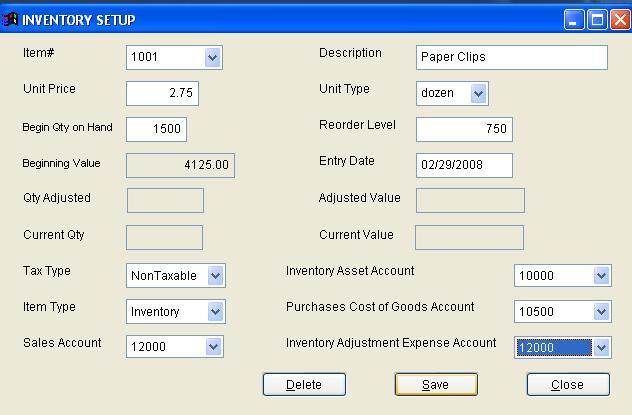 Inventory Setup screen (only if the company uses an inventory module) Enter the item number: the number assigned this inventory item for tracking purposes Enter the Unit Price: this is the price per