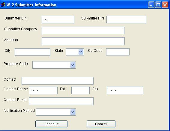 3. When the W-2 Submitter Information screen appears, enter and verify appropriate