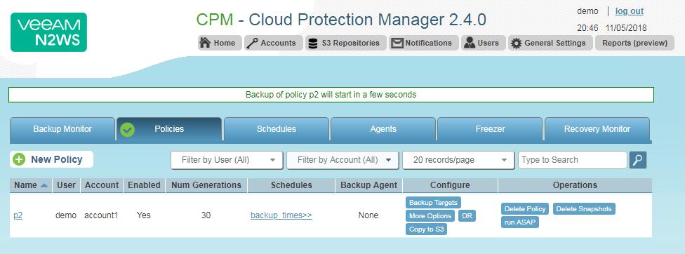Click Home and go to the Policies tab again. In the Schedules column of the policy, click the backup times link.