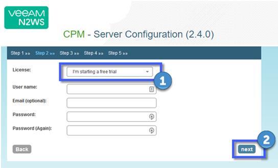 Step 2: Configure the CPM root account password and user information Figure 2-5 To start a free trial, leave the License list with the default.