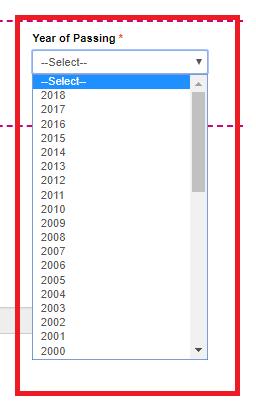 Year of Passing: The Candidate has to select his / her Year of passing from the drop down list.