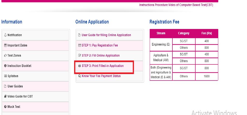 After clicking on Print Your Filled in Online Application button, the following Print web page